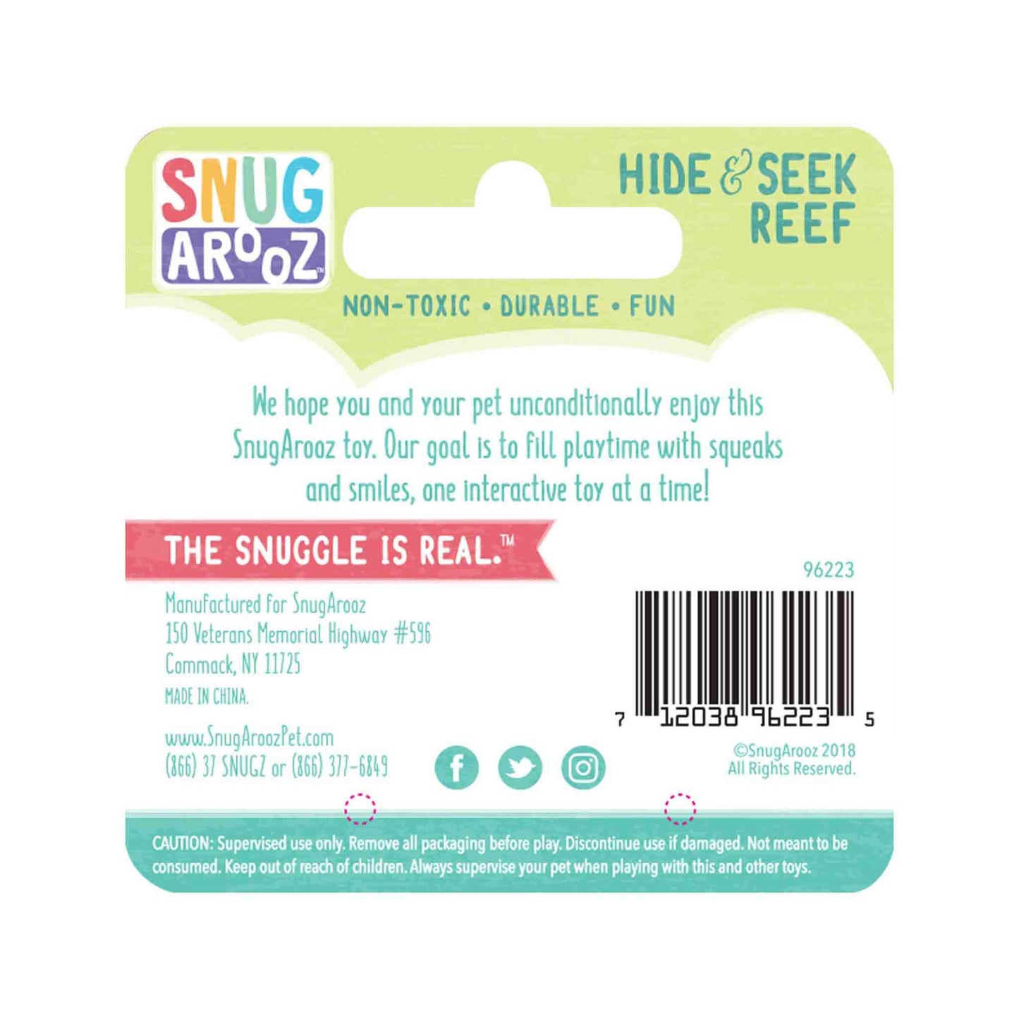 Hide and Seek Reef Dog Toy information on packaging